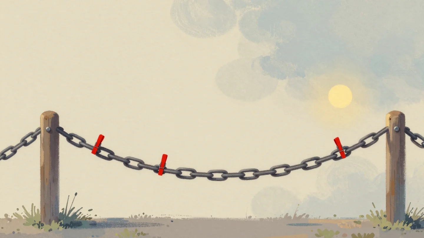 Gouache painting: two chains of equal length are pinned between the same pair of wooden posts