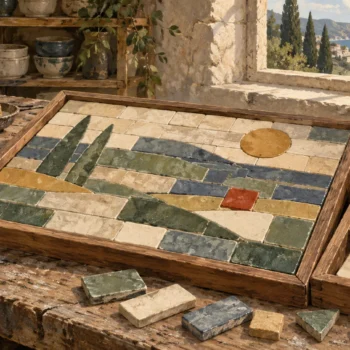 A ceramic landscape mosaic in a wooden frame beside divided trays of loose colored tiles.