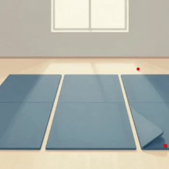 Gouache painting: on a bright gym floor, one central blue mat has four neighbors