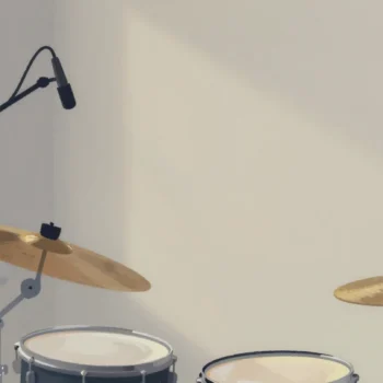 Gouache painting: in a drum room, two cymbal stands stand side by side