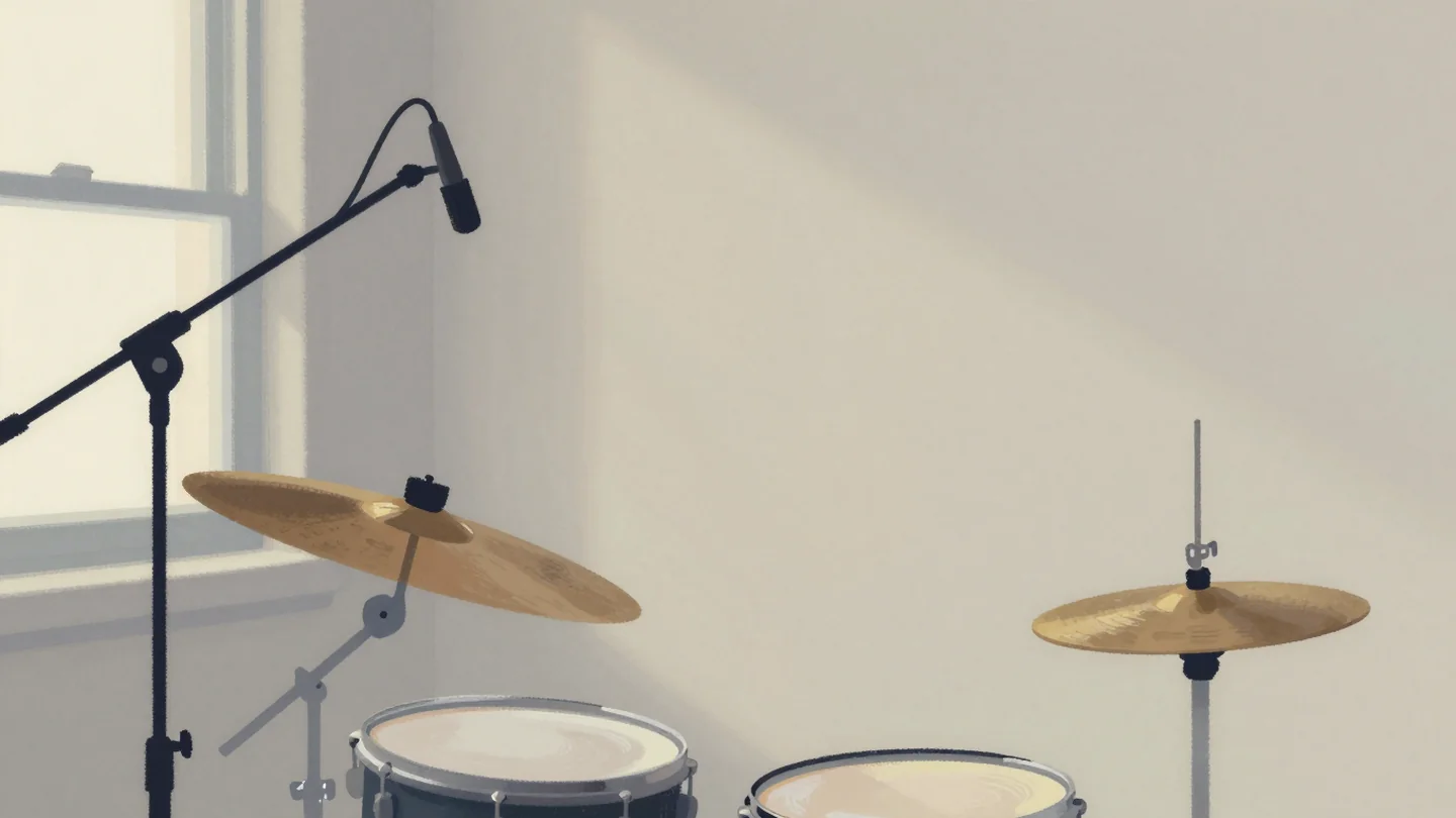 Gouache painting: in a drum room, two cymbal stands stand side by side
