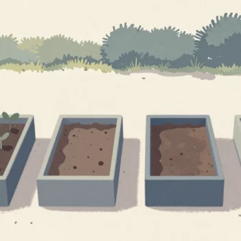 Gouache painting: four raised beds stand in a row along a garden path