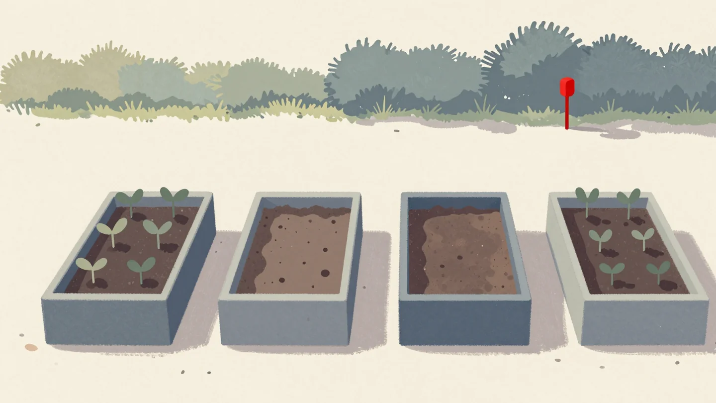 Gouache painting: four raised beds stand in a row along a garden path