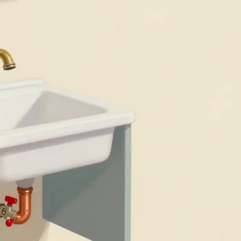 An old brass kitchen tap above a sink, with new copper pipes visible in the open cupboard beneath