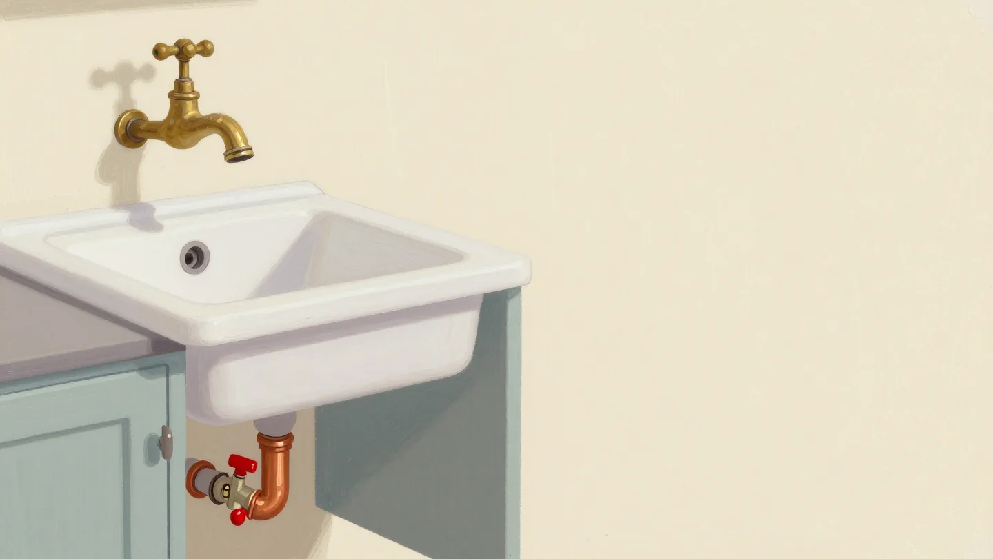 An old brass kitchen tap above a sink, with new copper pipes visible in the open cupboard beneath