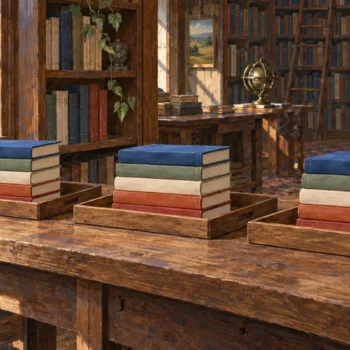 Detailed painting of three wooden reading trays, each containing the same stack of five colored books, in a warm private library.