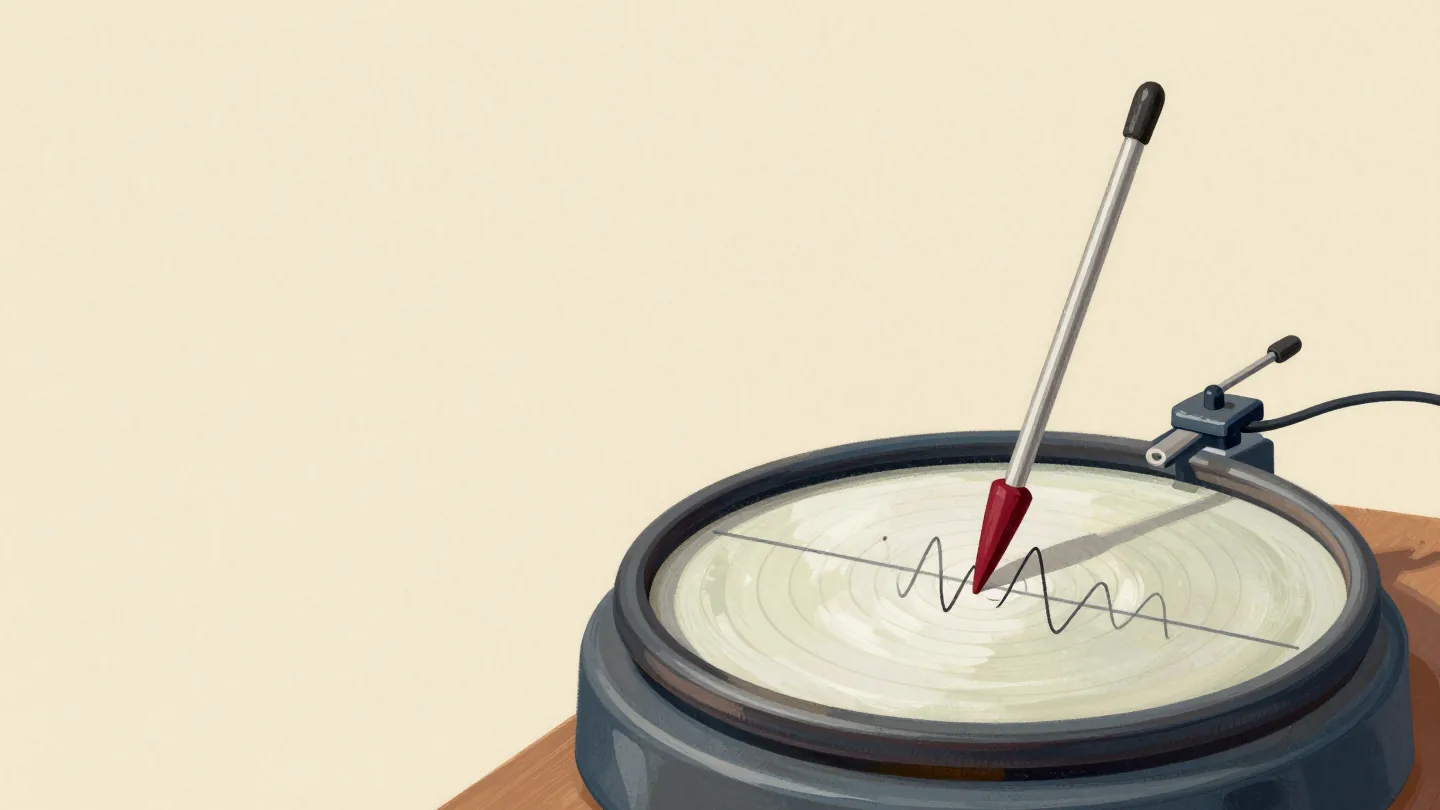 A seismograph drum with a calm ink line and one sharp spike, a fingertip pausing beside the spike