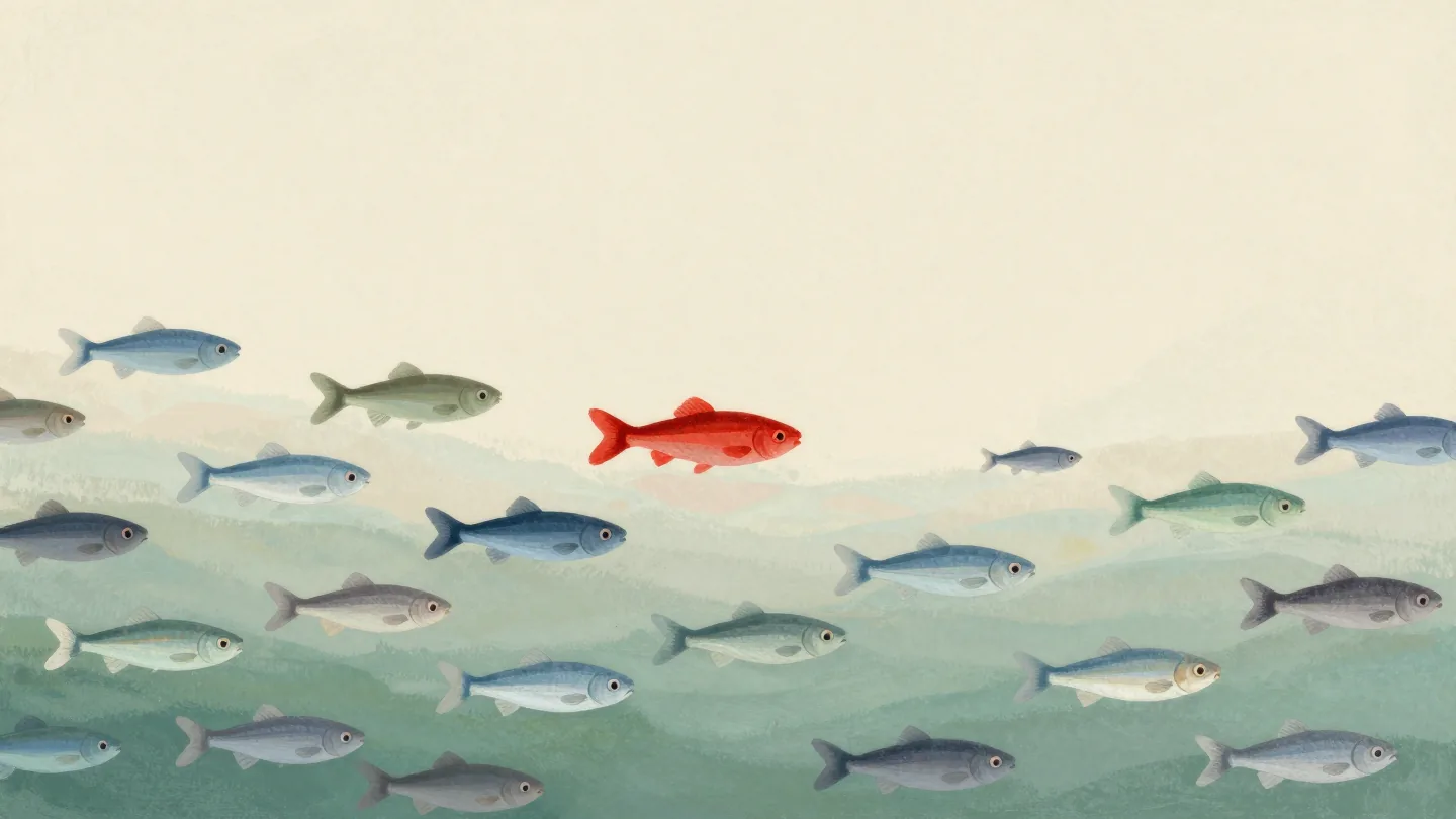 A school of silver fish all swimming the same way in clear water, one red fish among them
