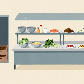A restaurant kitchen with crates of raw vegetables at the back, prepped bowls in the middle and finished plates at the pass.