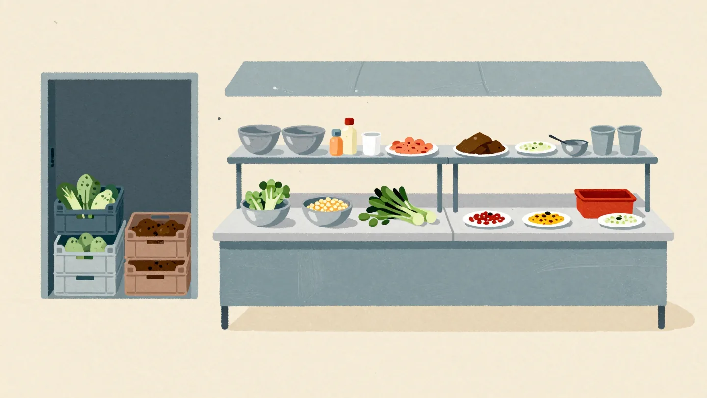 A restaurant kitchen with crates of raw vegetables at the back, prepped bowls in the middle and finished plates at the pass.