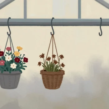 Gouache painting: from a greenhouse beam hang three iron hooks