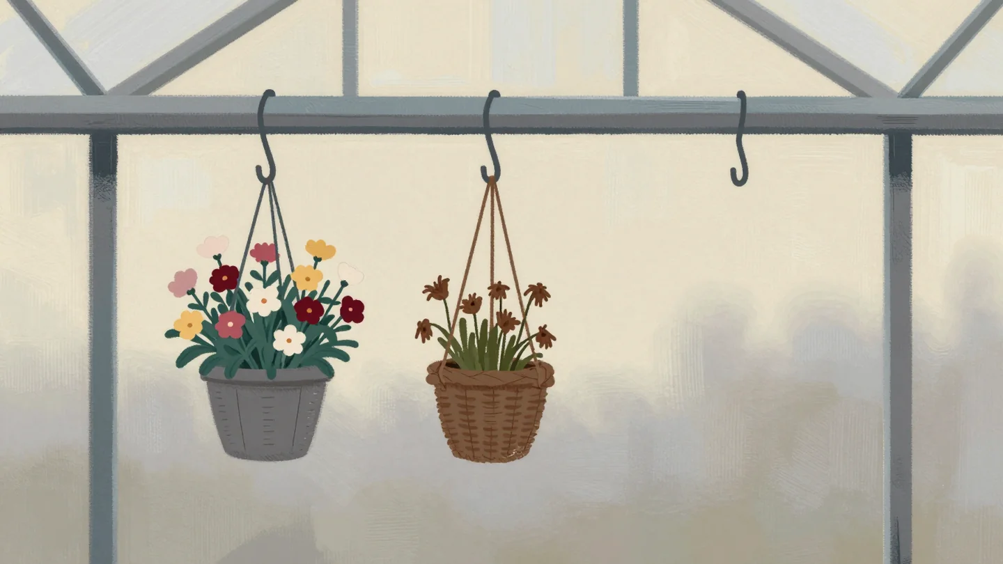 Gouache painting: from a greenhouse beam hang three iron hooks