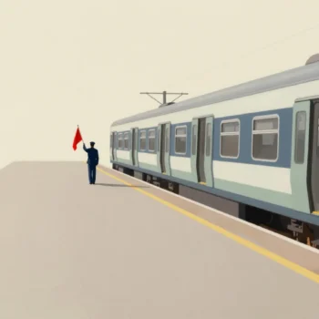 A railway guard seen from behind holding a raised red flag beside a waiting train on an empty platform
