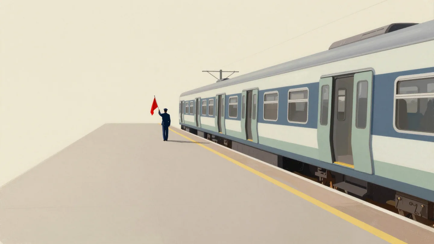 A railway guard seen from behind holding a raised red flag beside a waiting train on an empty platform