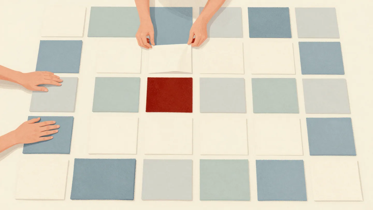 Hands arranging fabric squares into a patchwork quilt pattern