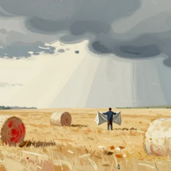 A farmer seen from behind holds a tarpaulin at the edge of a hay field as a storm cloud builds on the horizon.
