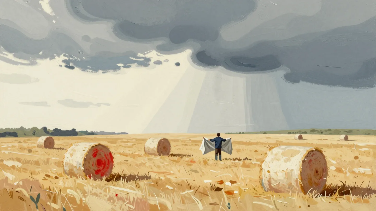 A farmer seen from behind holds a tarpaulin at the edge of a hay field as a storm cloud builds on the horizon.