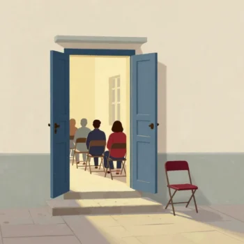 The open door of a village hall at dusk, warm light on the steps and one empty folding chair near the entrance.