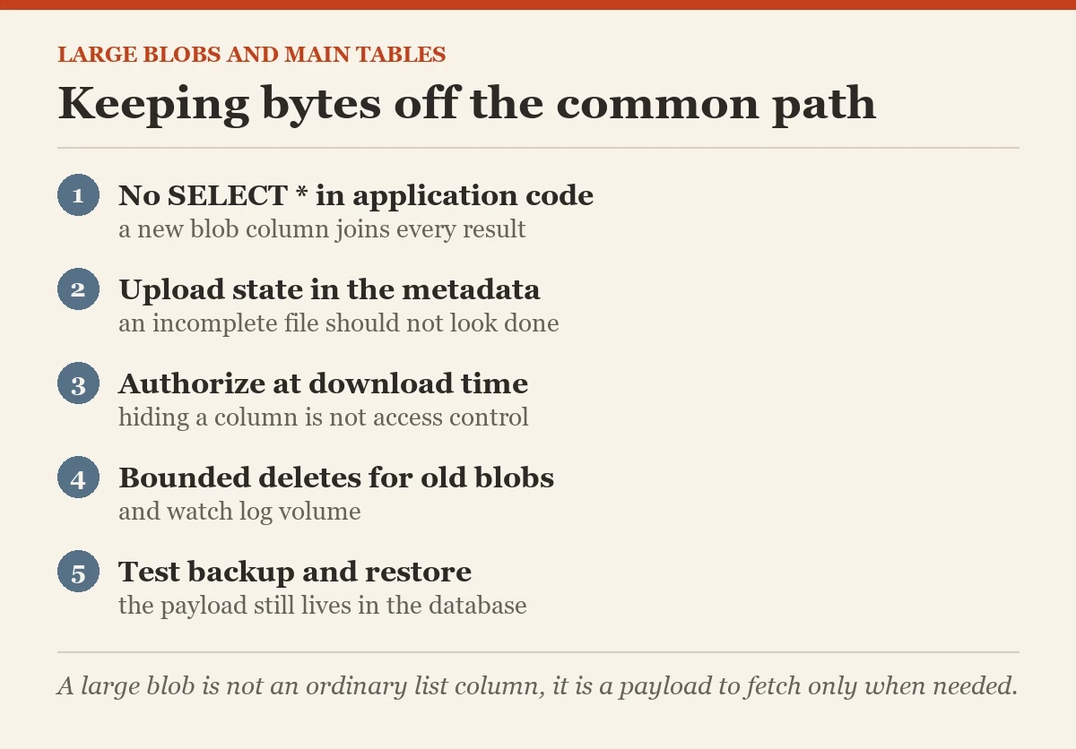 Keeping bytes off the common path: a checklist on the large blobs