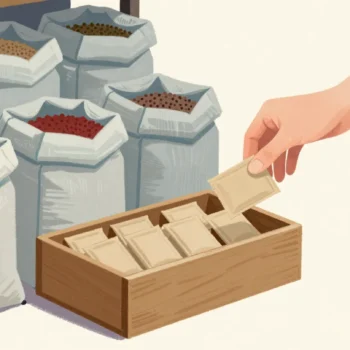 A hand lifting one small seed packet from a slim drawer, heavy seed sacks stacked behind it.