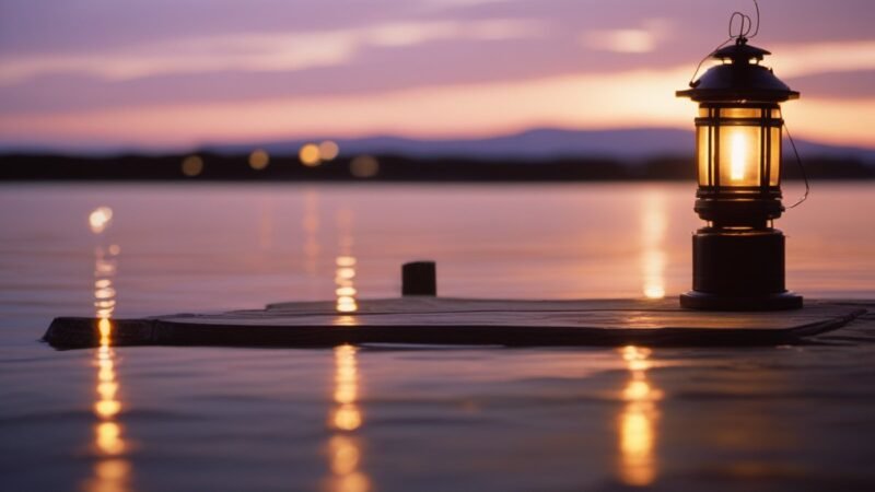 A single lit lantern on a dock at dusk, leading the way