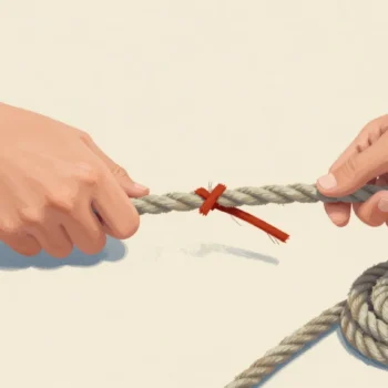 Hands splicing two ropes together, one strand slipping loose