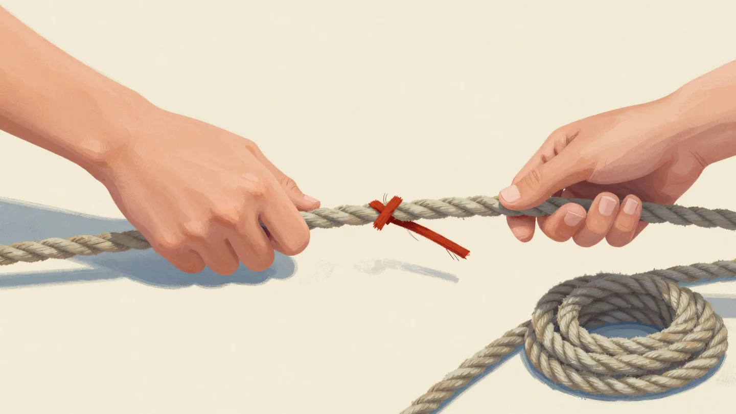 Hands splicing two ropes together, one strand slipping loose