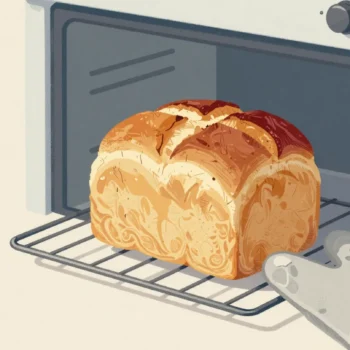 A loaf of bread on a cooling rack in front of a new oven, one end darker than the rest