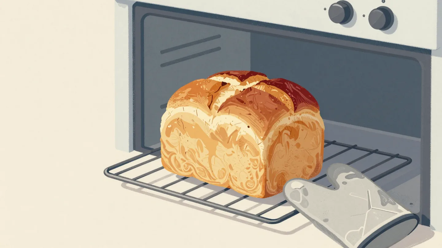 A loaf of bread on a cooling rack in front of a new oven, one end darker than the rest