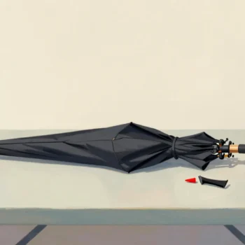 A broken umbrella on a counter with its snapped rib and red tip laid beside it