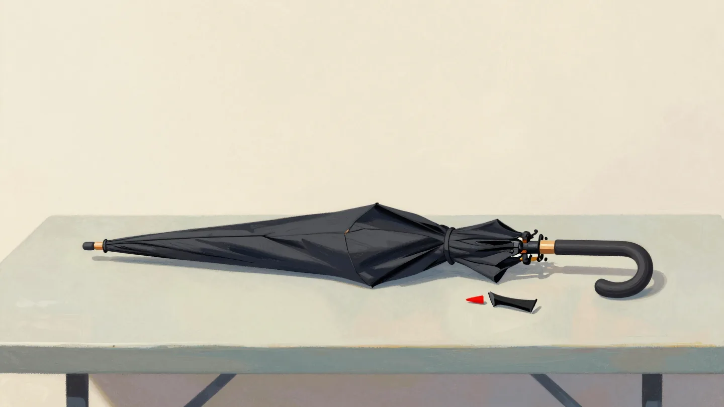 A broken umbrella on a counter with its snapped rib and red tip laid beside it