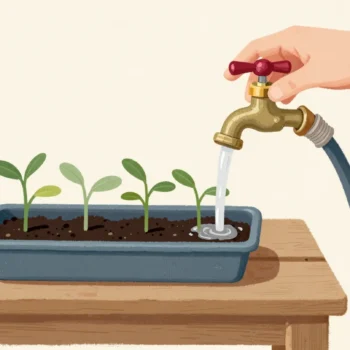 A hand turning off a brass garden tap beside a potting bench, a tray of freshly watered seedlings next to the hose.