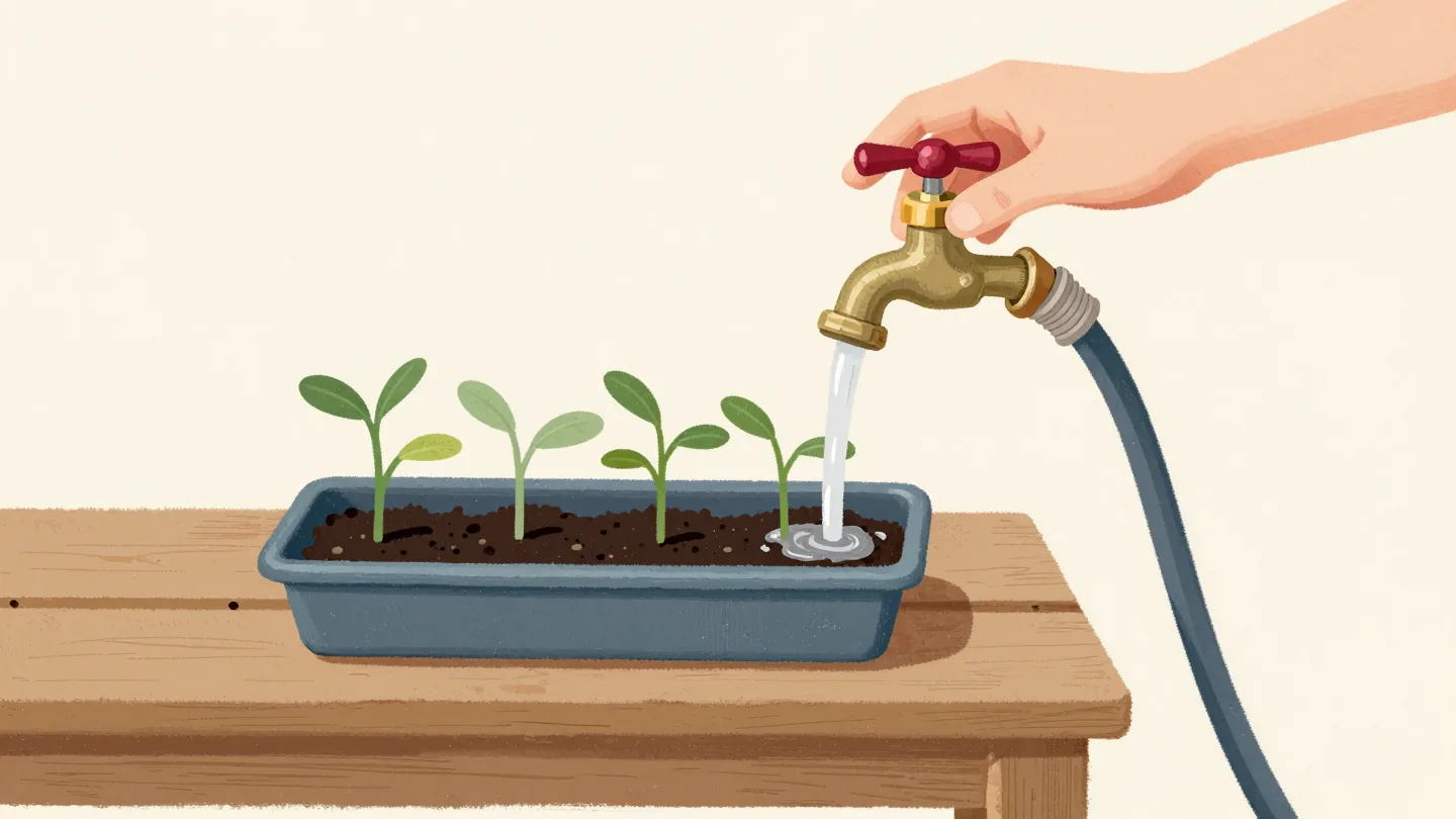 A hand turning off a brass garden tap beside a potting bench, a tray of freshly watered seedlings next to the hose.