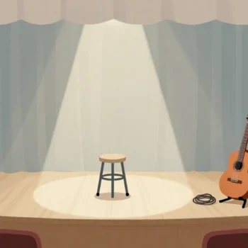 View from a theater's wings of a lit stage with one stool, and a spare guitar on a stand just inside the curtain.