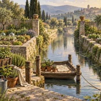 Established herb gardens and a small seedling ferry, illustrating careful merge subscription initialization.