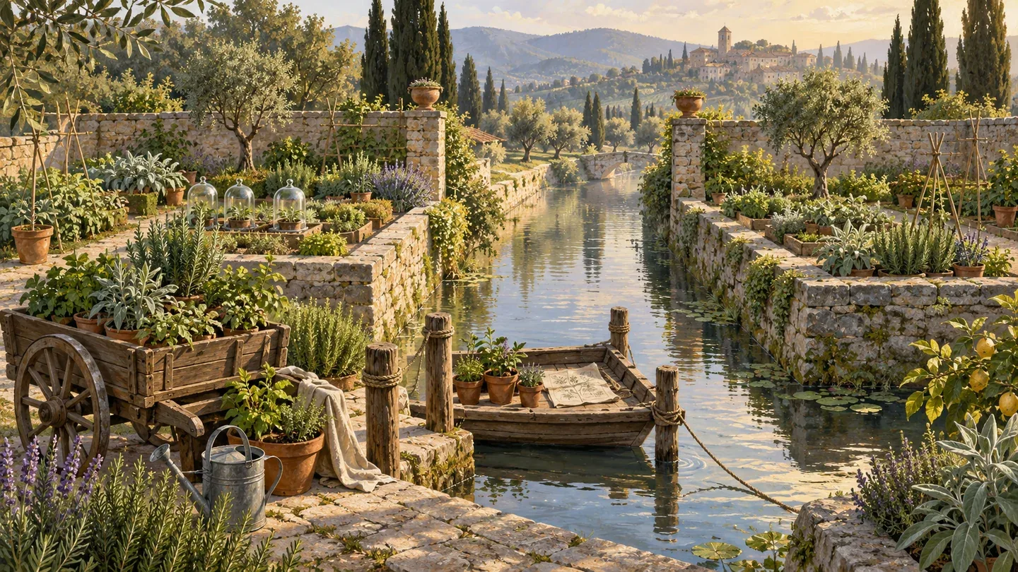 Established herb gardens and a small seedling ferry, illustrating careful merge subscription initialization.