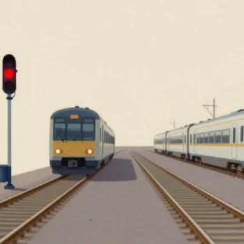 A passenger train waiting on the main line at dusk while a short fast train passes on a side track under a red signal lamp