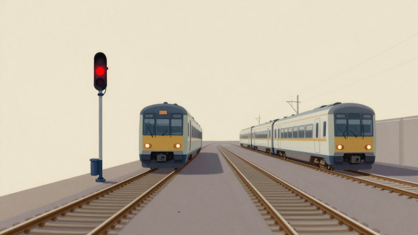 A passenger train waiting on the main line at dusk while a short fast train passes on a side track under a red signal lamp