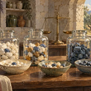 Three clear jars and three shallow bowls hold different mixtures of pale, dark and ochre stones beside a brass balance.
