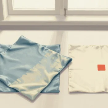 Gouache painting: on a dyer's table, a slate-blue silk square partly overlaps a cream one, the shared corner showing a blended deeper tone while each square extends beyond it