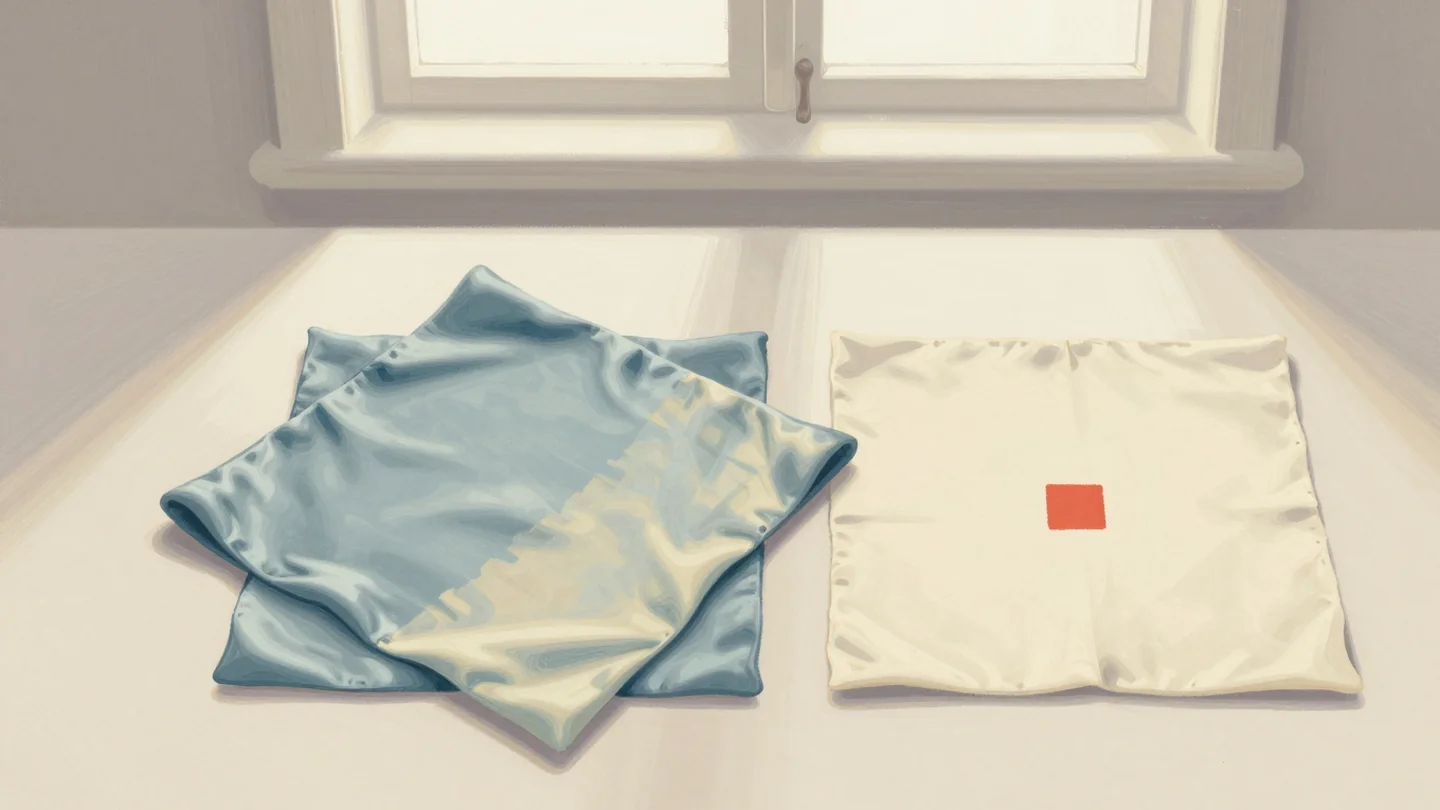 Gouache painting: on a dyer's table, a slate-blue silk square partly overlaps a cream one, the shared corner showing a blended deeper tone while each square extends beyond it