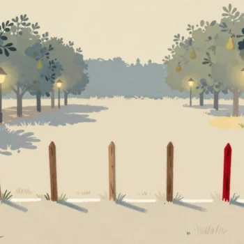Gouache painting: seven wooden stakes stand in a straight row across a white lime line marked on grass, with an apple orchard plot on one side and a pear orchard plot on the other