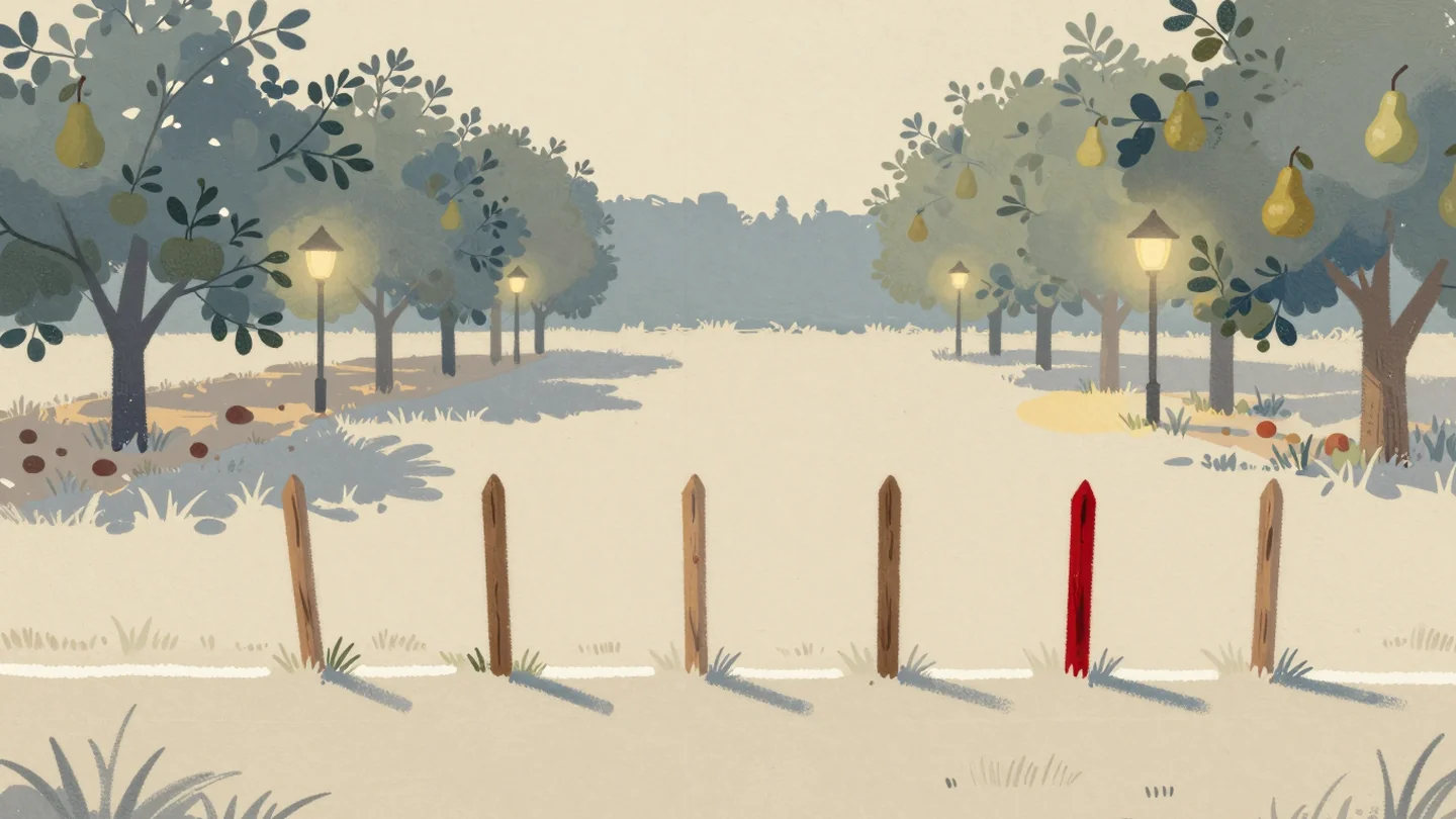 Gouache painting: seven wooden stakes stand in a straight row across a white lime line marked on grass, with an apple orchard plot on one side and a pear orchard plot on the other