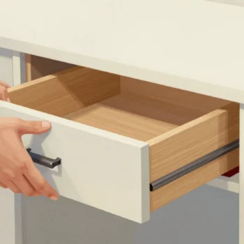 Hands fitting old wooden drawers into a new cabinet, one drawer too wide to slide into its opening
