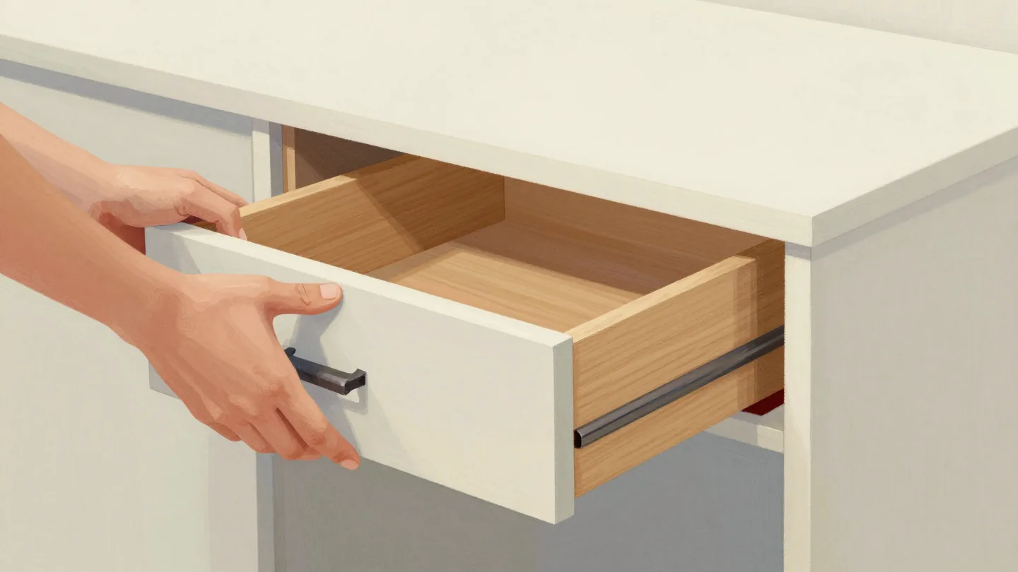 Hands fitting old wooden drawers into a new cabinet, one drawer too wide to slide into its opening
