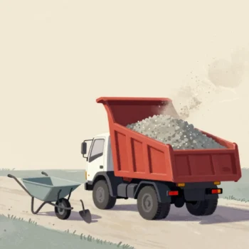 A dump truck tipping a whole load of gravel onto a driveway at once
