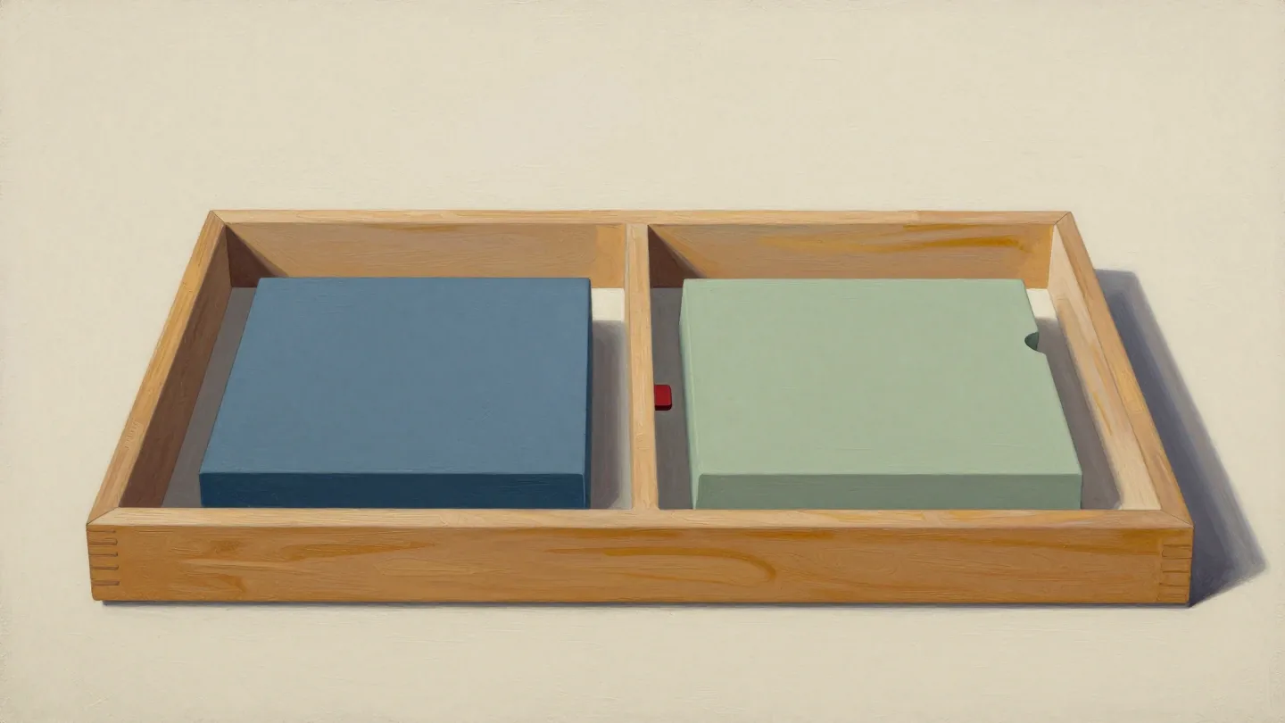 QUOTENAME object names illustrated by a wooden tray divided into two compartments, with slate-blue and sage blocks.