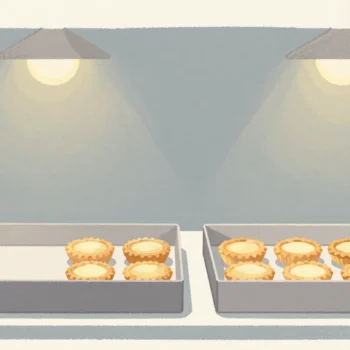 Gouache painting: two shallow pastry boxes sit end to end on a bakery counter, each holding a single row of identical tarts