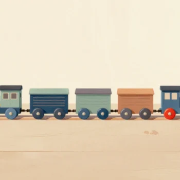 A wooden toy train with its colored carriages uncoupled and laid in a straight line on the floor, engine at the front.