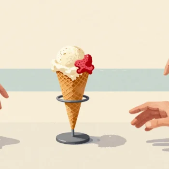 Two hands with scoops of vanilla and strawberry ice cream both reaching for the same single cone.